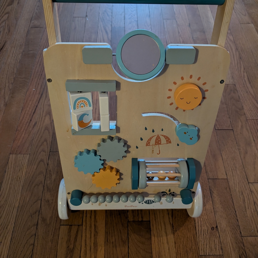 Interactive Wooden Activity Walker with Blue and Orange Accents